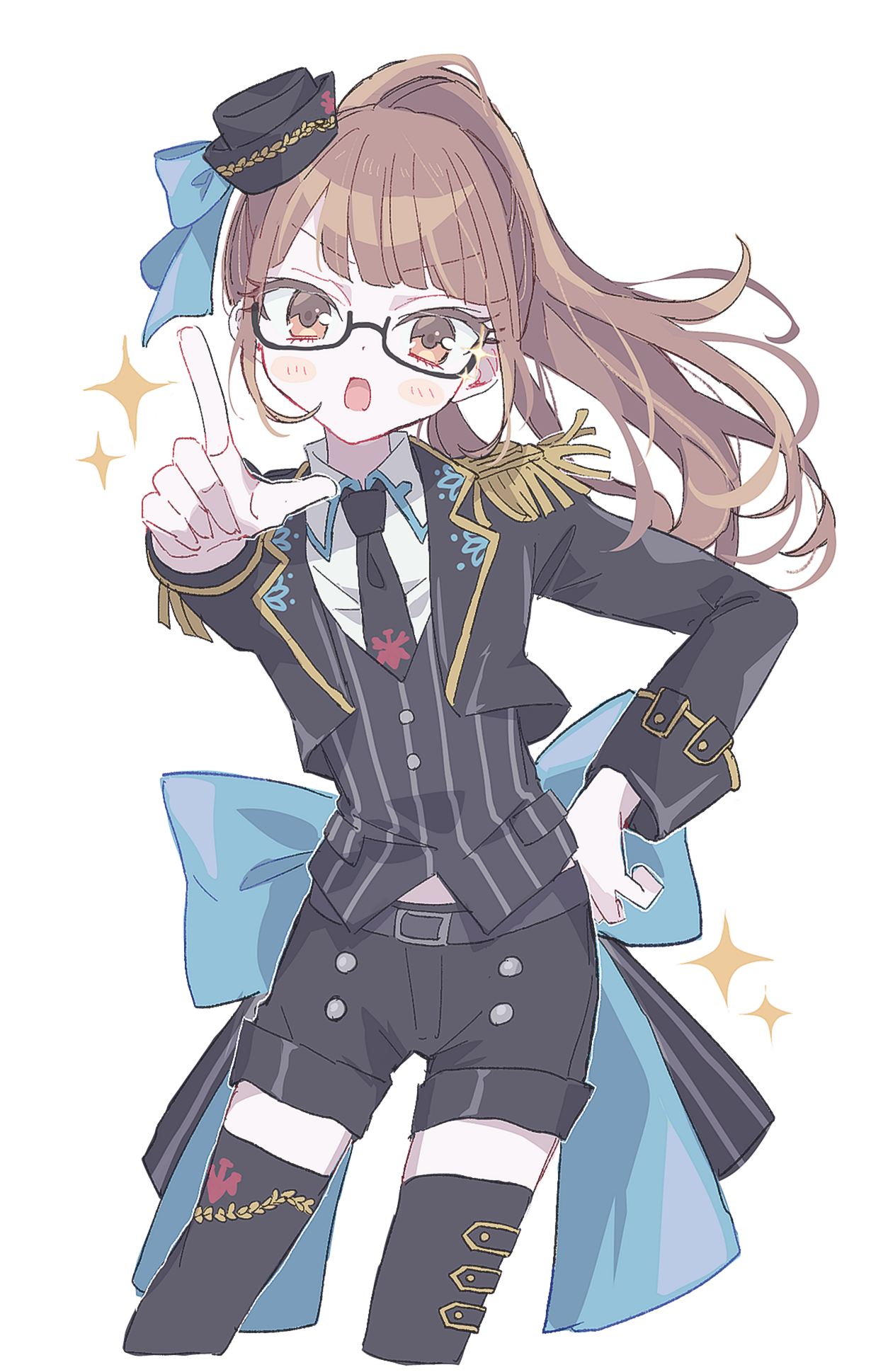 uta (utamilk), minami mirei, minami mirei (normal), pretty series, pripara, commentary request, highres, 1girl, belt, black-framed eyewear, black belt, black hat, black jacket, black necktie, black shorts, black thighhighs, blunt bangs, brown eyes, brown hair, collared shirt, cowboy shot, cropped jacket, cropped legs, glasses, hand on own hip, hat, jacket, long hair, long sleeves, looking at viewer, mini hat, necktie, open mouth, pointing, pointing at viewer, ponytail, semi-rimless eyewear, shirt, shorts, solo, standing, thighhighs, under-rim eyewear, white background, white shirt