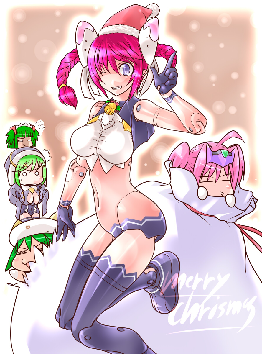 darui hito, eukrante, harmony grace, hishimiya tsugaru, maochao, vespelio, beatmania iidx, bemani, busou shinki, highres, 10s, 5girls, braid, chibi, christmas, doll joints, green hair, joints, mecha musume, multiple girls, pink hair, twin braids