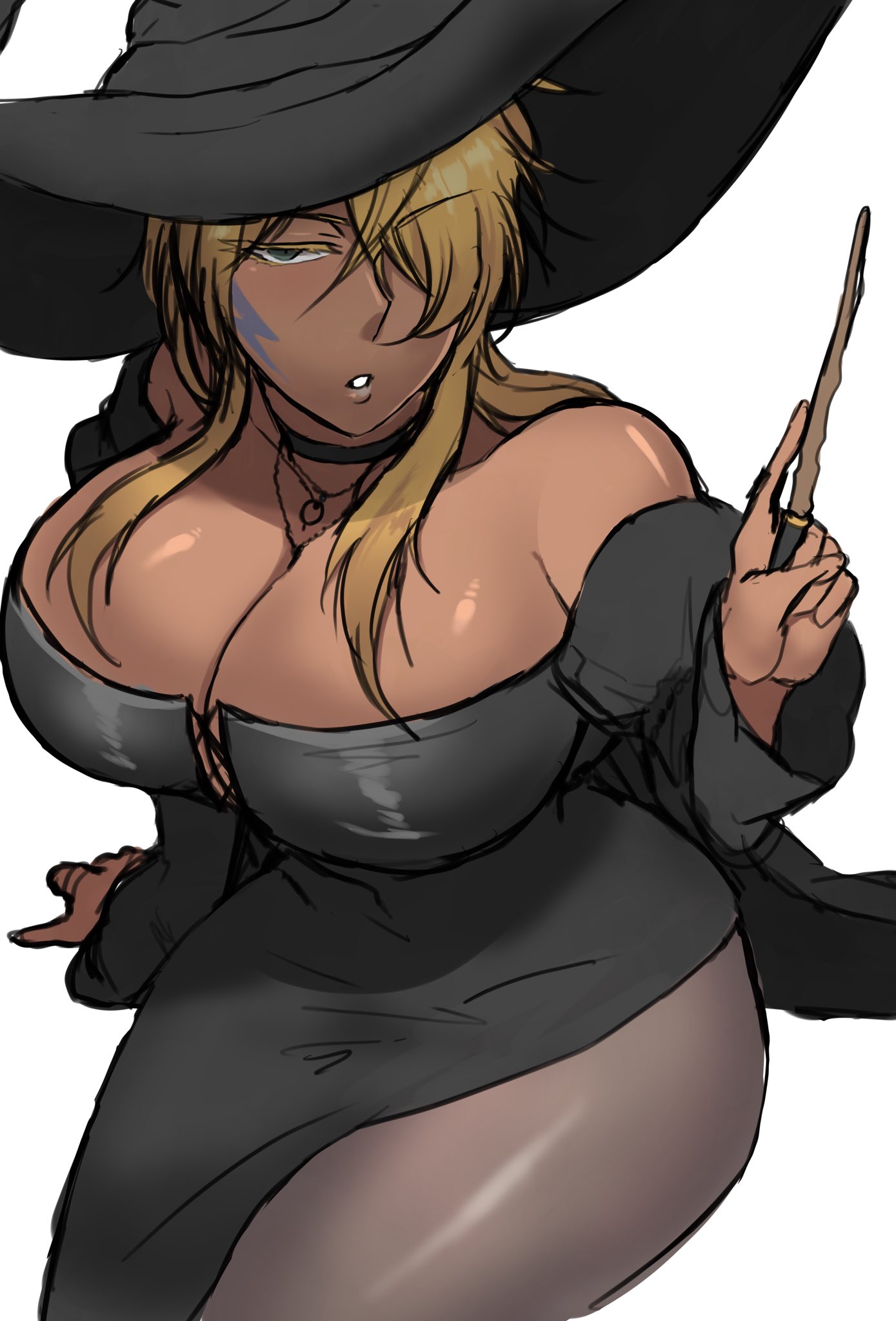 nijiran (av0xu), tier harribel, bleach, highres, bare shoulders, blonde hair, breasts, choker, collarbone, colored eyelashes, espada, facial mark, green eyes, halloween, halloween costume, large breasts, long hair, parted lips, simple background, sitting, thighs, white background