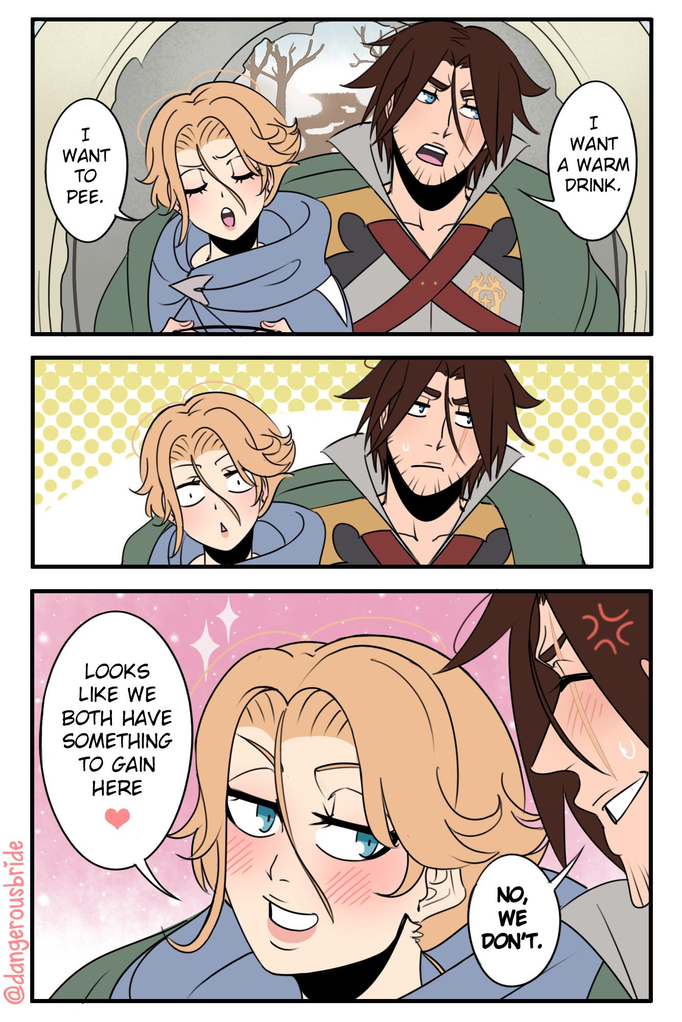 dangerousbride, sypha belnades, trevor belmont, trevor c. belmont, castlevania (series), highres, 1boy, 1girl, 3koma, anger vein, artist name, blonde hair, brown hair, closed mouth, comic, constricted pupils, english text, false smile, half-closed eyes, heart, long hair, looking at another, looking at viewer, naughty face, open mouth, pink lips, scar, scar on face, scarf, sexually suggestive, short hair, sitting, smile, spoken heart, surprised, sweatdrop, tongue, wide-eyed