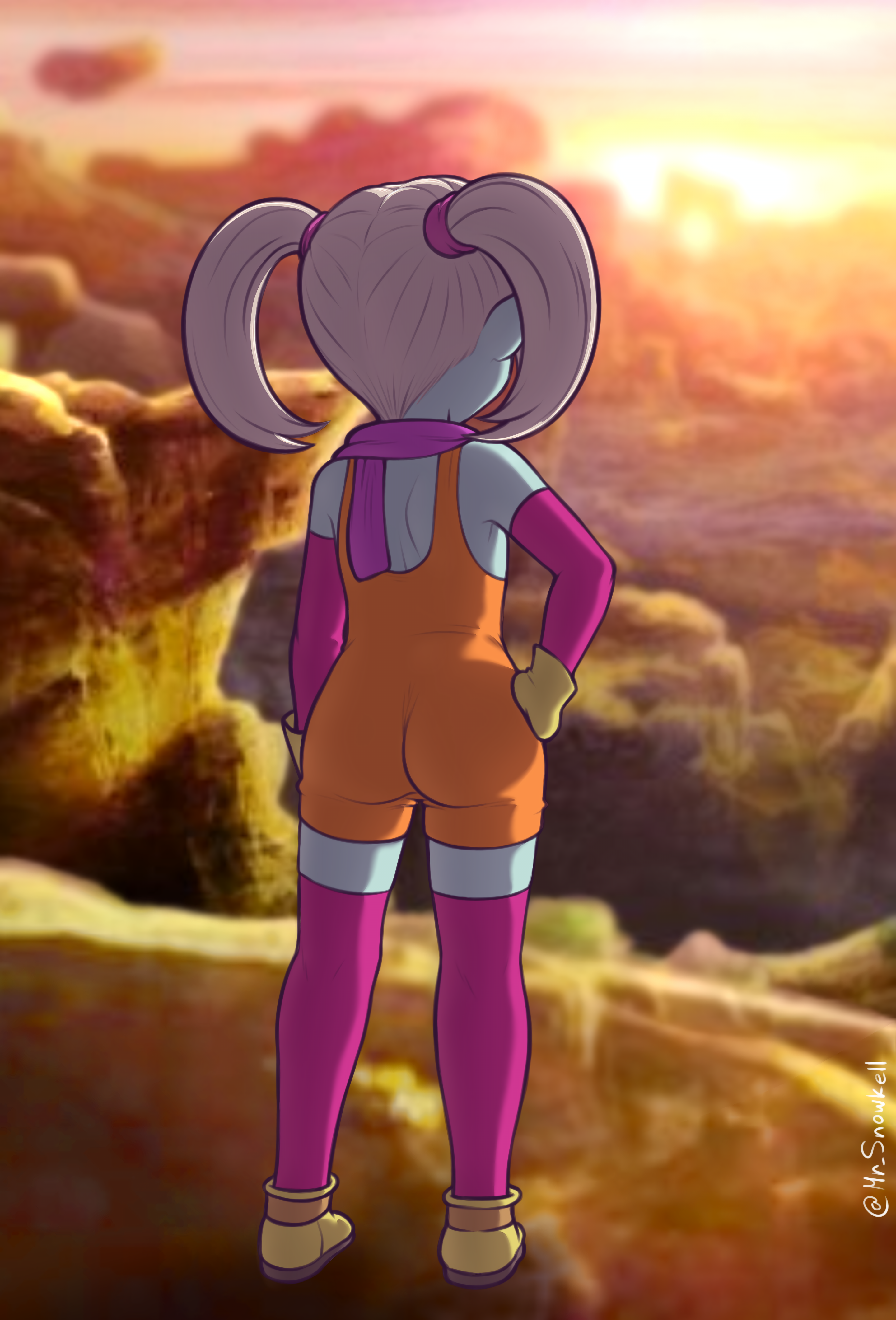 pansy (dragon ball daima), dragon ball, dragon ball daima, absurdres, highres, 1girl, blue skin, canyon, colored skin, detached sleeves, facing away, gloves, hand on own hip, mr. snowkell, overalls, scarf, shoes, sunset, twintails, white hair