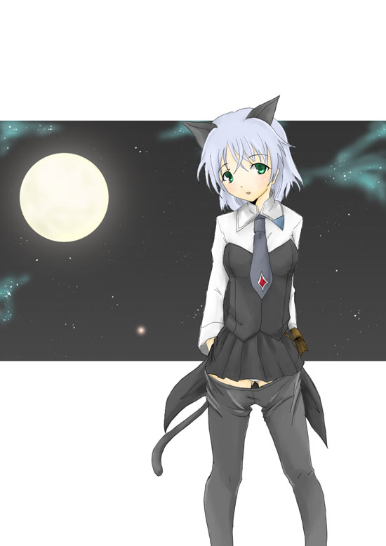 aona (anagasaki), sanya v. litvyak, strike witches, world witches series, silver hair, bad id, bad pixiv id, 00s, 1girl, animal ears, black pantyhose, cat ears, cat tail, crotch seam, female focus, green eyes, moon, necktie, night, night sky, panties, pantyhose, sky, solo, tail, underwear