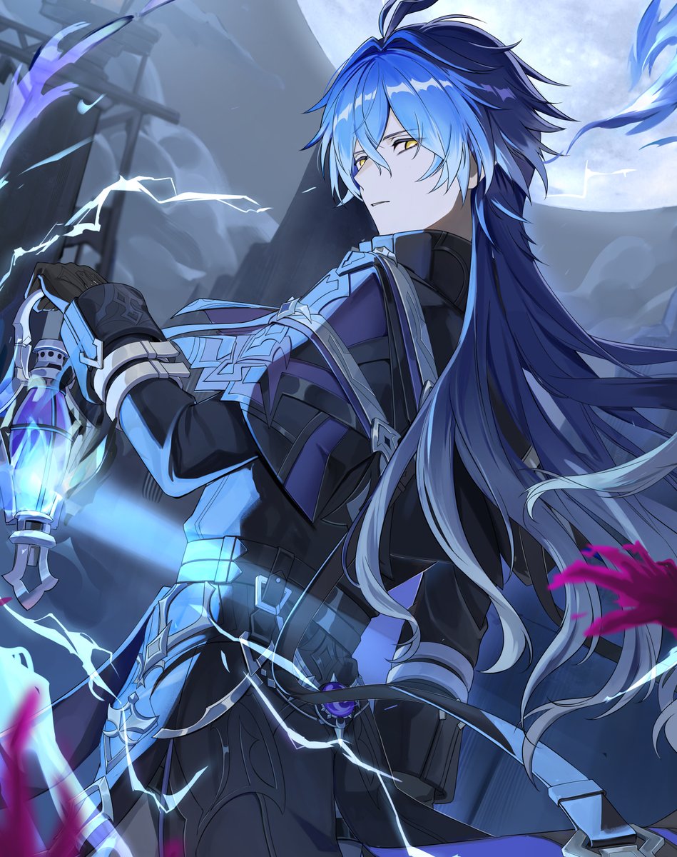 miyanami 3, flins (genshin impact), genshin impact, commentary request, highres, 1boy, antenna hair, black capelet, black coat, black gloves, blue fire, blue hair, capelet, closed mouth, cloud, coat, feet out of frame, fire, full moon, gloves, gradient hair, grey hair, holding, holding lantern, lantern, long hair, long sleeves, looking back, male focus, moon, multicolored hair, night, night sky, outdoors, sky, sleeve cuffs, solo, standing, yellow eyes