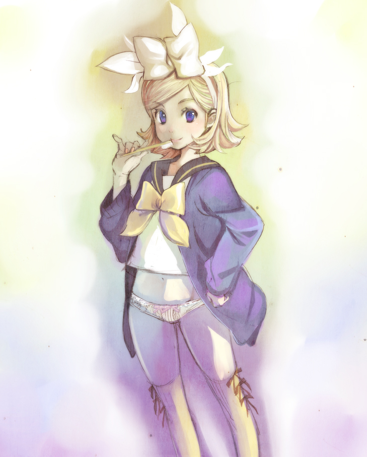 kirimomimomi, kagamine rin, vocaloid, bad id, bad pixiv id, blonde hair, blue eyes, hair ribbon, navel, panties, ribbon, short hair, solo, toothbrush, underwear
