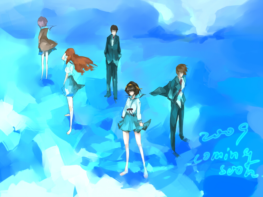 cha, asahina mikuru, koizumi itsuki, kyon, nagato yuki, suzumiya haruhi, suzumiya haruhi no yuuutsu, 00s, 2boys, 3girls, barefoot, multiple boys, multiple girls, school uniform, serafuku, sky, wind