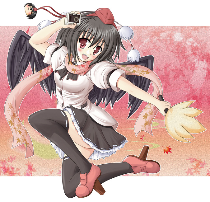 hiiragi tomoka, shameimaru aya, touhou, 1girl, black wings, blush, camera, female focus, geta, hand fan, hat, lingerie, looking at viewer, open mouth, petticoat, smile, solo, tengu-geta, thighhighs, tokin hat, underwear, wings, yukkuri shiteitte ne, zettai ryouiki