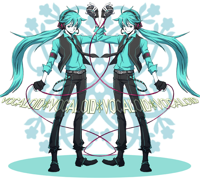 saotome, hatsune mikuo, koi wa sensou (vocaloid), vocaloid, bad id, bad pixiv id, 2boys, aqua eyes, aqua hair, clone, fingerless gloves, genderswap, genderswap (ftm), gloves, headphones, long hair, male focus, microphone, multiple boys, necktie, symmetrical hand pose, vintage microphone