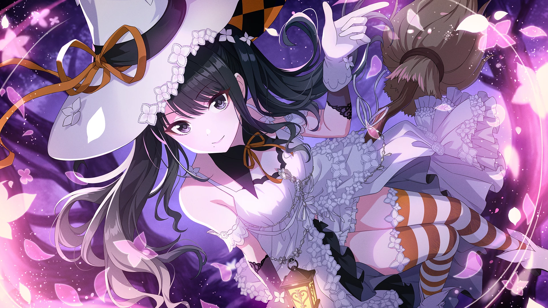 kazano hiori, idolmaster, idolmaster shiny colors, idolmaster shiny colors song for prism, game cg, highres, official art, 1girl, asymmetrical gloves, black hair, blue eyes, broom, gloves, hat, lantern, petals, short shorts, shorts, smile, solo, striped clothes, striped thighhighs, thighhighs, tree, twintails, witch hat