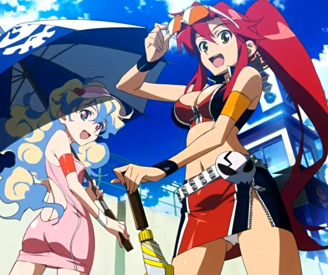 nia teppelin, yoko littner, pieces of sweet stars, tengen toppa gurren lagann, anime screenshot, non-web source, 00s, 2girls, ass, breasts, cleavage, dress, large breasts, medium breasts, midriff, multiple girls, panties, pantyshot, race queen, sunglasses, sunglasses on head, umbrella, underwear, upskirt, white panties