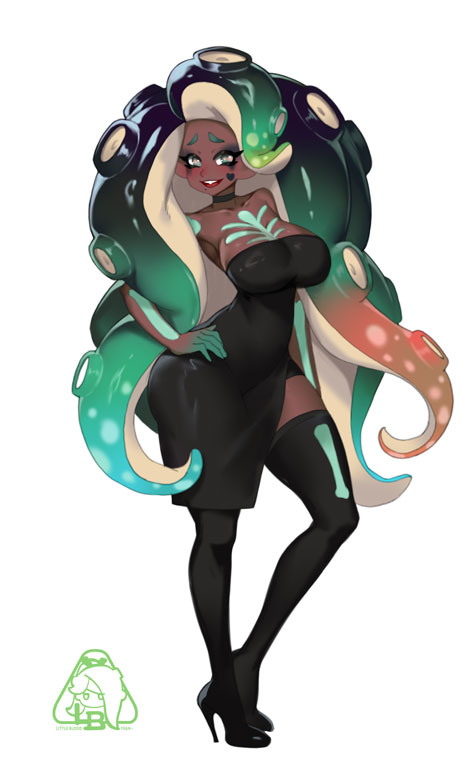 little blood, marina (splatoon), splatoon (series), splatoon 2, 1girl, alternate costume, breasts, dark-skinned female, dark skin, large breasts, solo