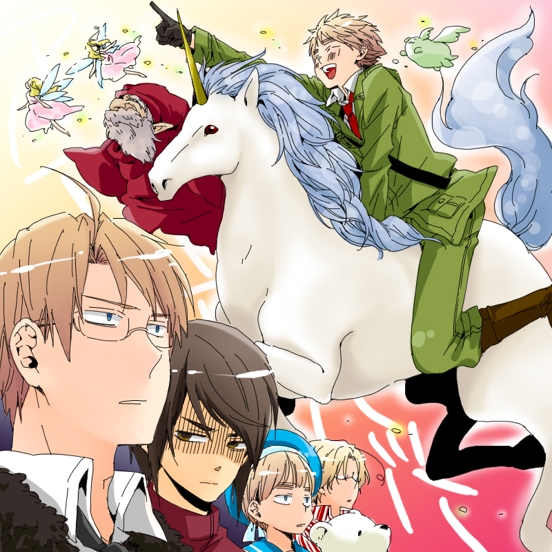 youko (santarose), america (hetalia), canada (hetalia), hong kong (hetalia), kumajirou (hetalia), sealand (hetalia), united kingdom (hetalia), axis powers hetalia, 00s, 5boys, ahoge, bear, blonde hair, brown hair, cape, completely unamused, fairy, gaijin 4koma (meme), happy, horns, male focus, meme, military, military uniform, multiple boys, polar bear, short hair, stuffed animal, stuffed toy, unamused, unicorn, what, wizard