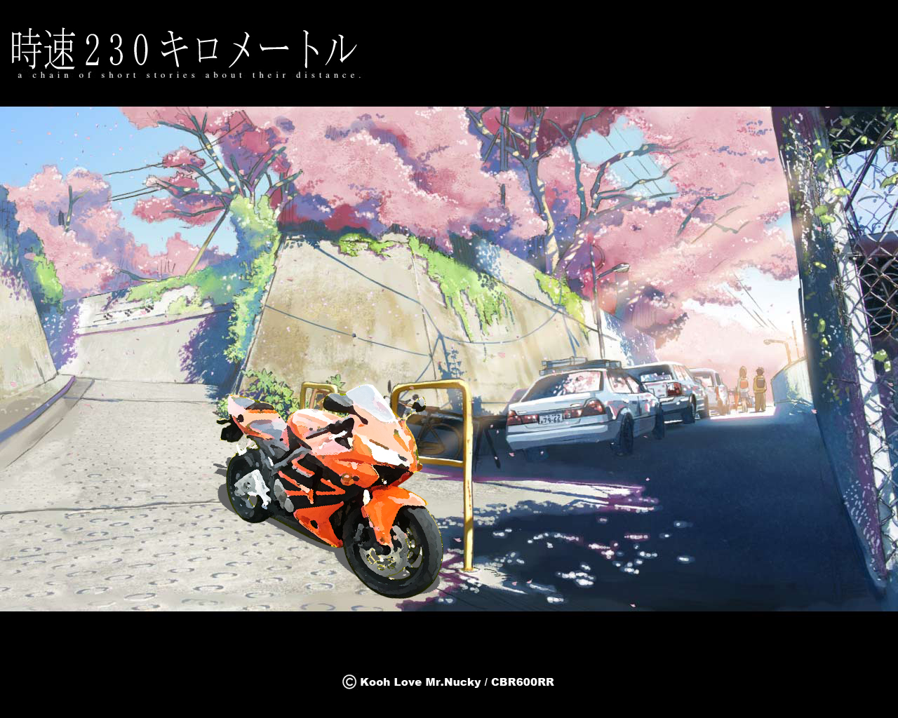 mr nucky, shinohara akari, toono takaki, byousoku 5 centimeter, 1boy, 1girl, car, cherry blossoms, day, fence, motor vehicle, motorcycle, parody, railing, sky, tree
