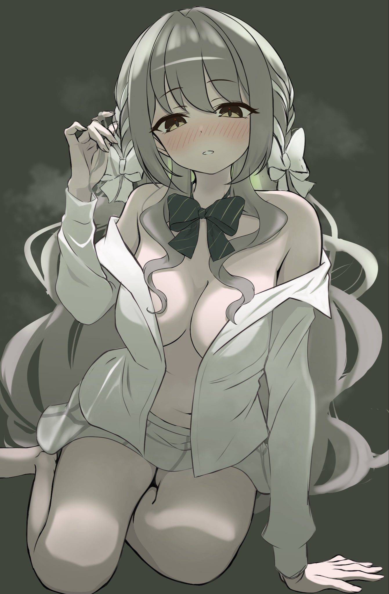 panda 90321, miyo (blue archive), blue archive, highres, 1girl, blush, bow, bowtie, breasts, brown eyes, cleavage, grey background, grey hair, hair bow, hand in own hair, long hair, medium breasts, multicolored hair, navel, off-shoulder shirt, off shoulder, open clothes, open shirt, shirt, sitting, skirt, solo, steaming body, twirling hair, wavy hair, white bow, white hair