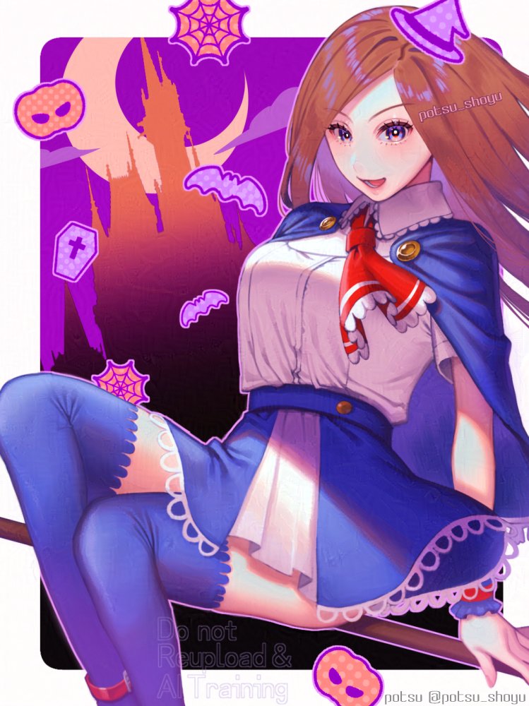 charlotte aulin, castlevania: portrait of ruin, castlevania (series), konami, 1girl, blue eyes, brown hair, halloween, long hair, skirt, solo