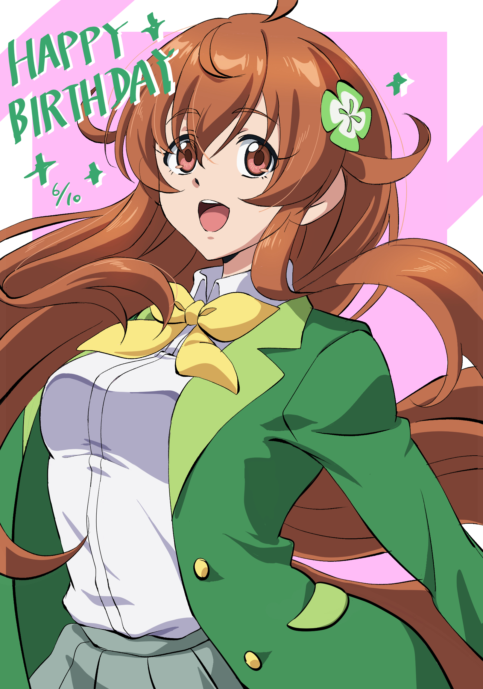 amamiya mimori, shadowverse, shadowverse (animated series), shadowverse (anime), shadowverse flame, highres, 1girl, ahoge, blazer, bow, bowtie, brown eyes, brown hair, clover hair ornament, green jacket, grey skirt, hair ornament, happy birthday, jacket, open clothes, open jacket, open mouth, shirt, skirt, solo, teeth, tmr msho, upper body, upper teeth only, white shirt, yellow bow, yellow bowtie