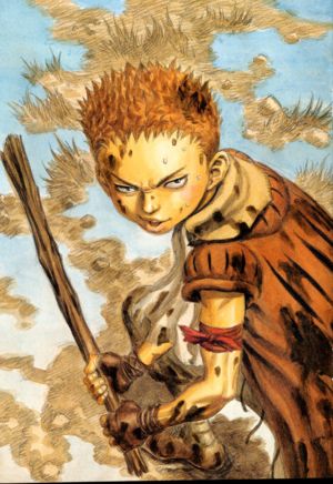 isidro (berserk), berserk, lowres, 1990s (style), 1boy, bandages, cape, dirty, fantasy, gloves, looking at viewer, male focus, mud, orange hair, short hair, solo, stick