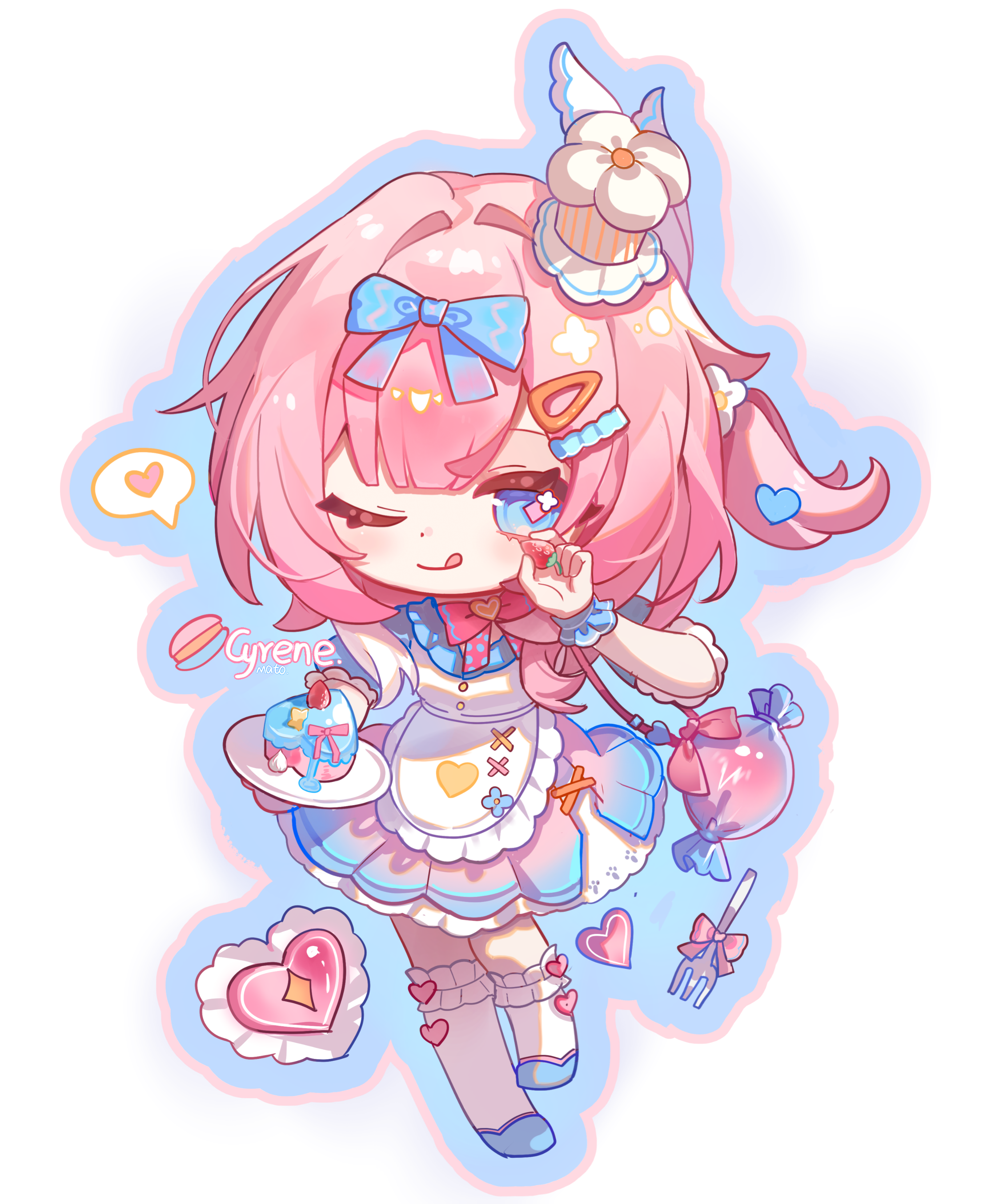 heiyi mataozi, cyrene (aedes elysiae) (honkai: star rail), cyrene (honkai: star rail), honkai: star rail, honkai (series), absurdres, chinese commentary, commentary request, highres, 1girl, ;p, alternate costume, apron, blue eyes, cake, chef hat, dress, food, fruit, hat, heart, holding, holding food, holding fruit, holding plate, looking at viewer, maid, maid apron, multicolored hair, one eye closed, pink hair, plate, short hair, simple background, solo, strawberry, thighhighs, tongue, tongue out, two-tone dress, two-tone hair, white background, white hair, white thighhighs