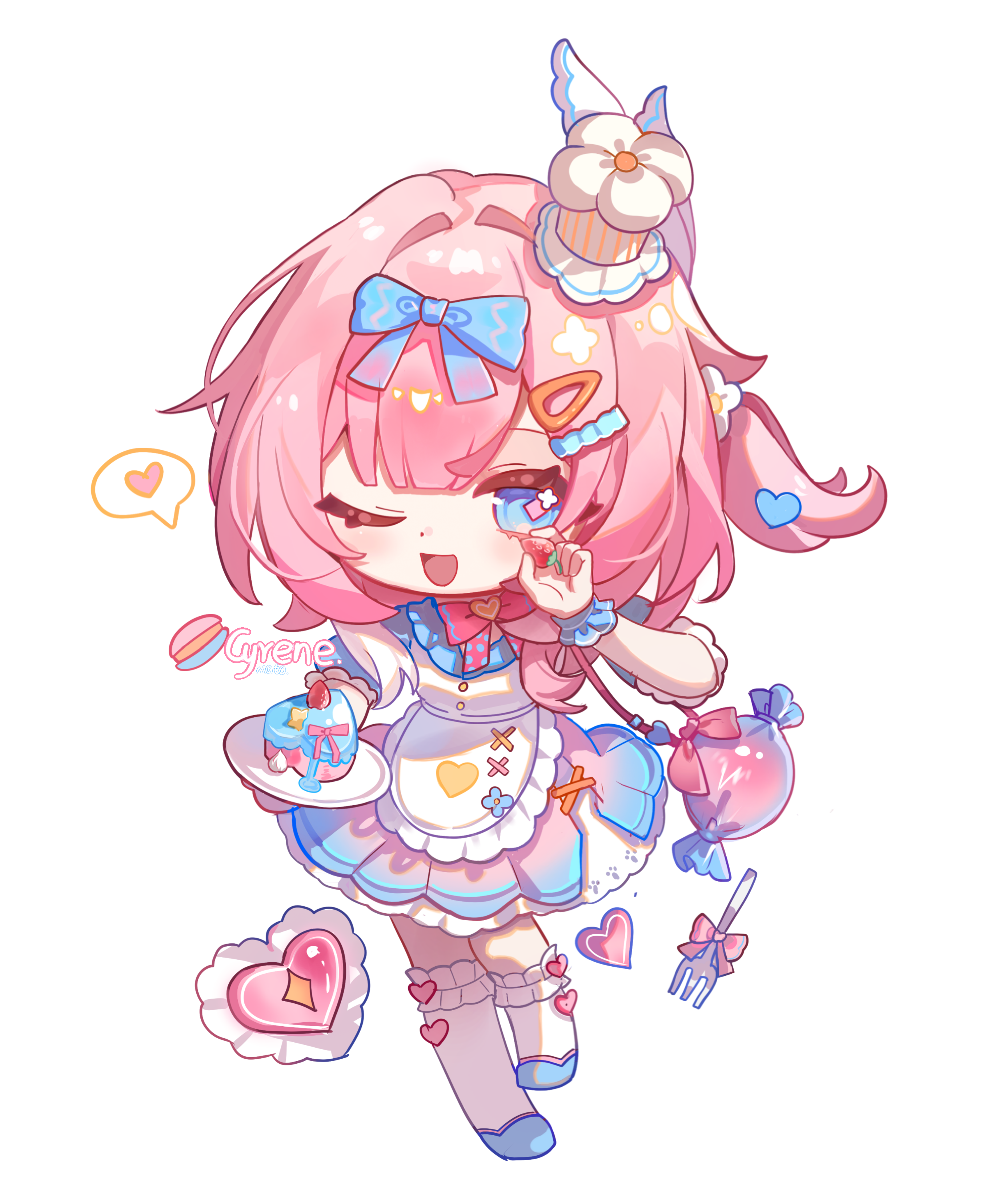 heiyi mataozi, cyrene (aedes elysiae) (honkai: star rail), cyrene (honkai: star rail), honkai: star rail, honkai (series), absurdres, chinese commentary, commentary request, highres, 1girl, ;o, alternate costume, apron, blue eyes, cake, chef hat, dress, food, fruit, hat, heart, holding, holding food, holding fruit, holding plate, looking at viewer, maid, maid apron, multicolored hair, one eye closed, pink hair, plate, short hair, simple background, solo, strawberry, thighhighs, two-tone dress, two-tone hair, white background, white hair, white thighhighs