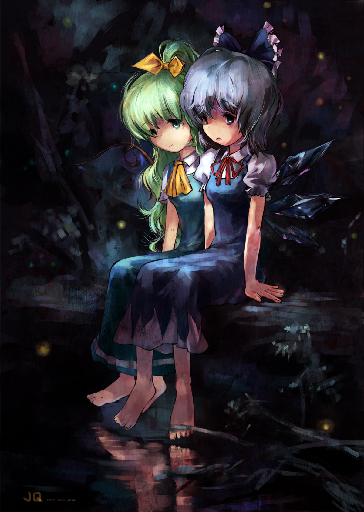 jq3c273, cirno, daiyousei, embodiment of scarlet devil, touhou, highres, 2girls, barefoot, blue eyes, bow, feet, hair bow, long hair, multiple girls, neck ribbon, reflection, reflective water, ribbon, short hair, sitting, water, wings