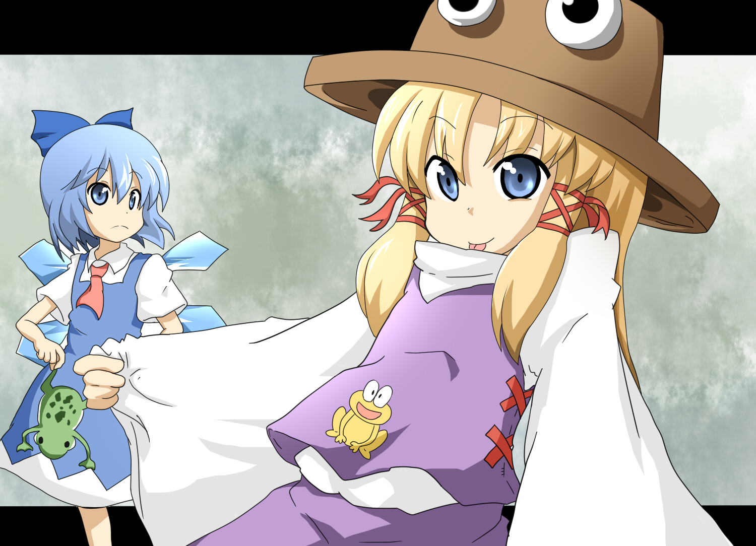 ukami, cirno, moriya suwako, touhou, bad id, bad pixiv id, 2girls, :p, frog, letterboxed, multiple girls, tongue, tongue out