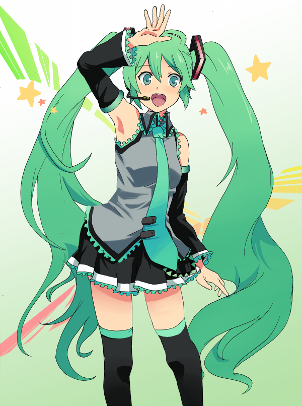 hyakuen raitaa, hatsune miku, vocaloid, bad id, bad pixiv id, armpits, detached sleeves, green eyes, green hair, headphones, long hair, necktie, solo, thighhighs, twintails, very long hair, waving