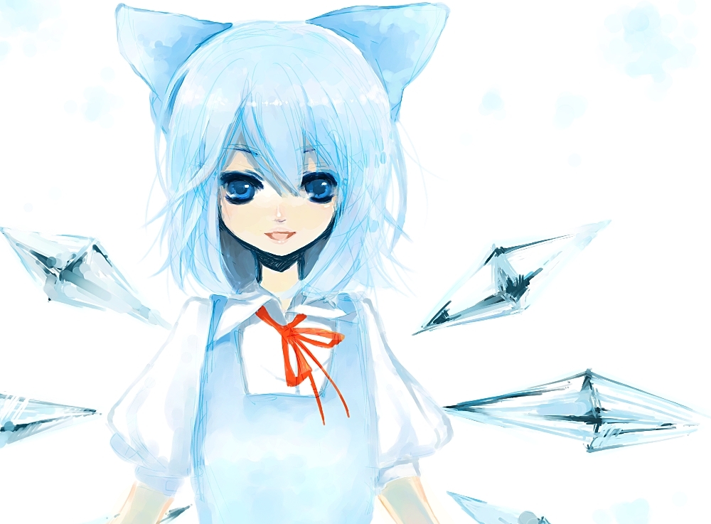 kurasawa moko, cirno, embodiment of scarlet devil, touhou, bad id, bad pixiv id, 1girl, blue eyes, blue hair, bow, female focus, hair bow, large bow, lips, matching hair/eyes, neck ribbon, ribbon, short hair, smile, solo, white background, wings