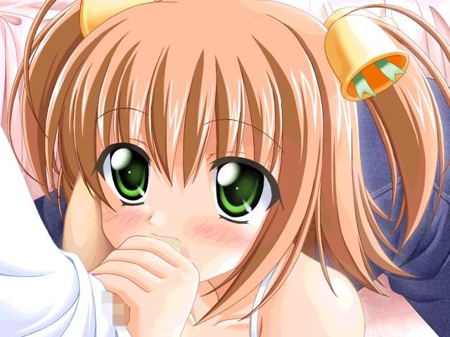sin-go, nishimura konomi, nanami to konomi no oshiete abc, game cg, 1boy, 1girl, bell, blush, brown hair, camisole, censored, fellatio, green eyes, hair bell, hair ornament, hetero, kneeling, loli, mosaic censoring, oral, penis, solo focus, twintails