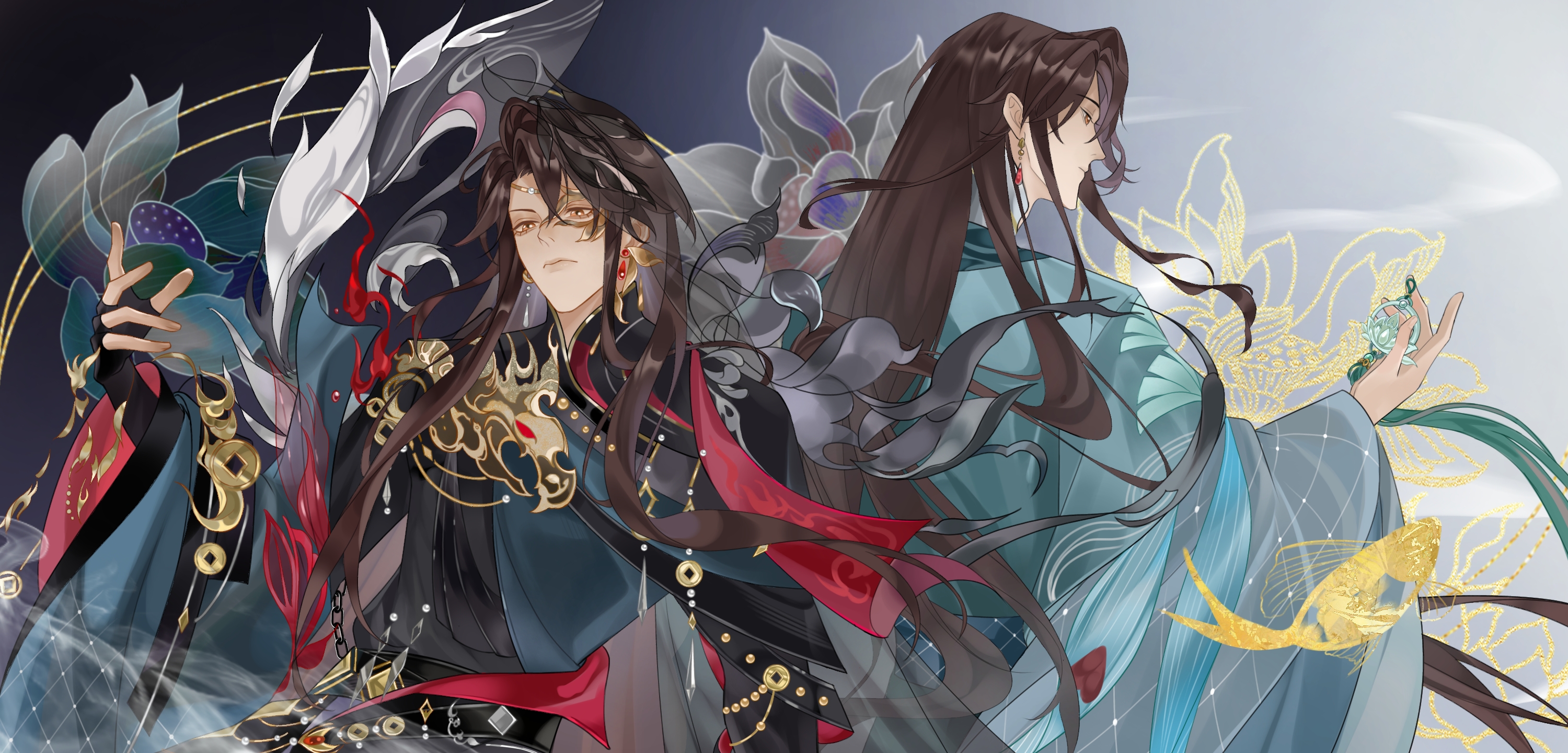 hua yi shanxin zhiyue, chinese commentary, highres, 2boys, aegyo sal, alternate form, aqua coat, aqua hanfu, back-to-back, black background, black cape, black gloves, black hanfu, black robe, black sash, black veil, blue hanfu, blue robe, brown eyes, brown hair, cape, chinese clothes, closed mouth, coat, coin, curtained hair, dual persona, earrings, expressionless, eye mask, fingerless gloves, floral background, flower, gem, gloves, gongzi xiyu, gradient background, grey background, hair between eyes, half eye mask, hand up, hanfu, holding, holding pendant, holed coin, hua chen, jewelry, lips, long hair, long sleeves, looking ahead, looking at viewer, lotus, male focus, mask, multiple boys, pendant, profile, red gemstone, red ribbon, ribbon, robe, sash, see-through cape, see-through clothes, see-through veil, serious, shoulder guard, sidelocks, swept bangs, teardrop earrings, two-tone robe, veil, waist sash, wide sleeves, yaopei