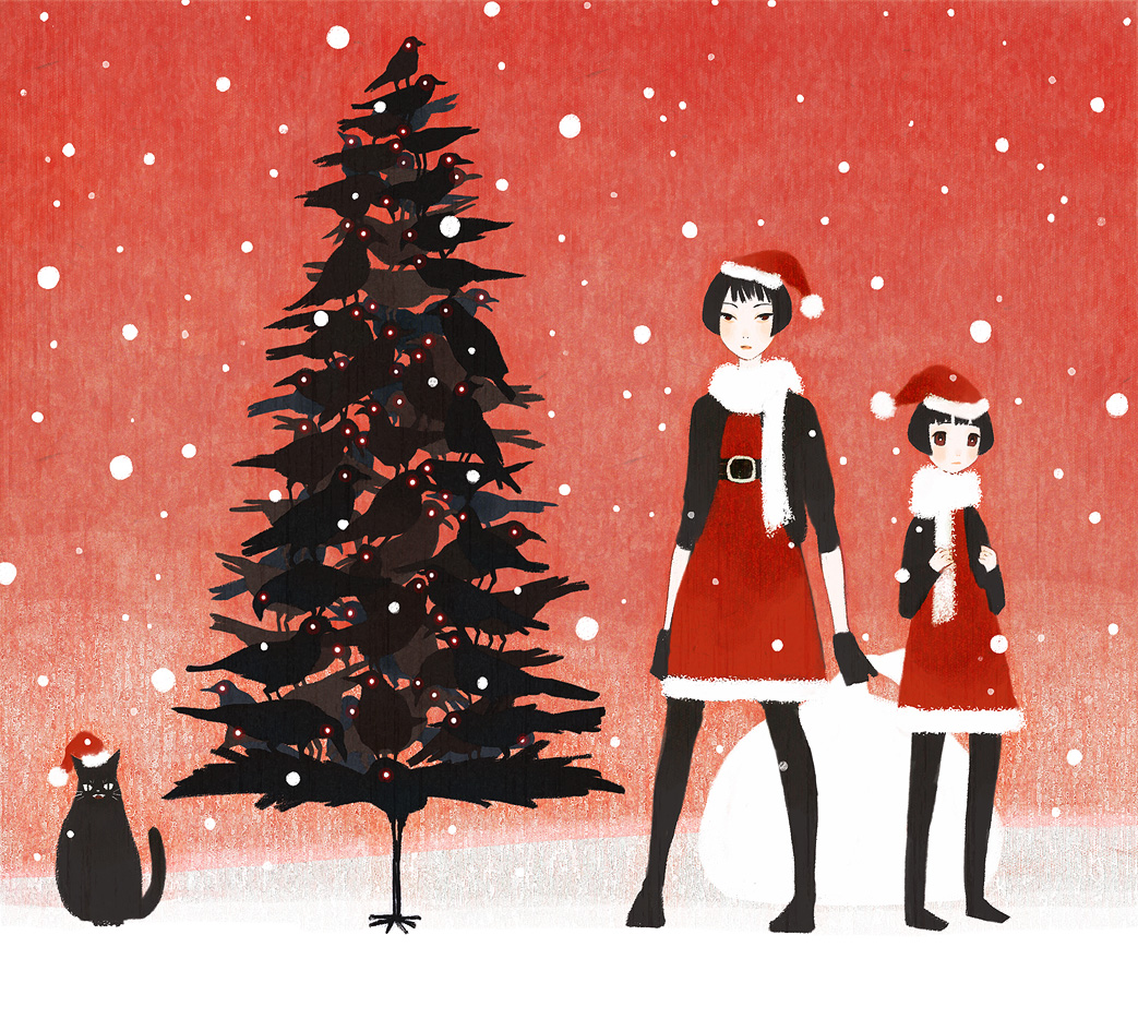kumaori jun, original, bad id, bad pixiv id, 2girls, bird, black gloves, bob cut, cat, christmas, dress, fingerless gloves, flat color, gloves, hat, multiple girls, pantyhose, santa costume, scarf, snow, surreal, tree