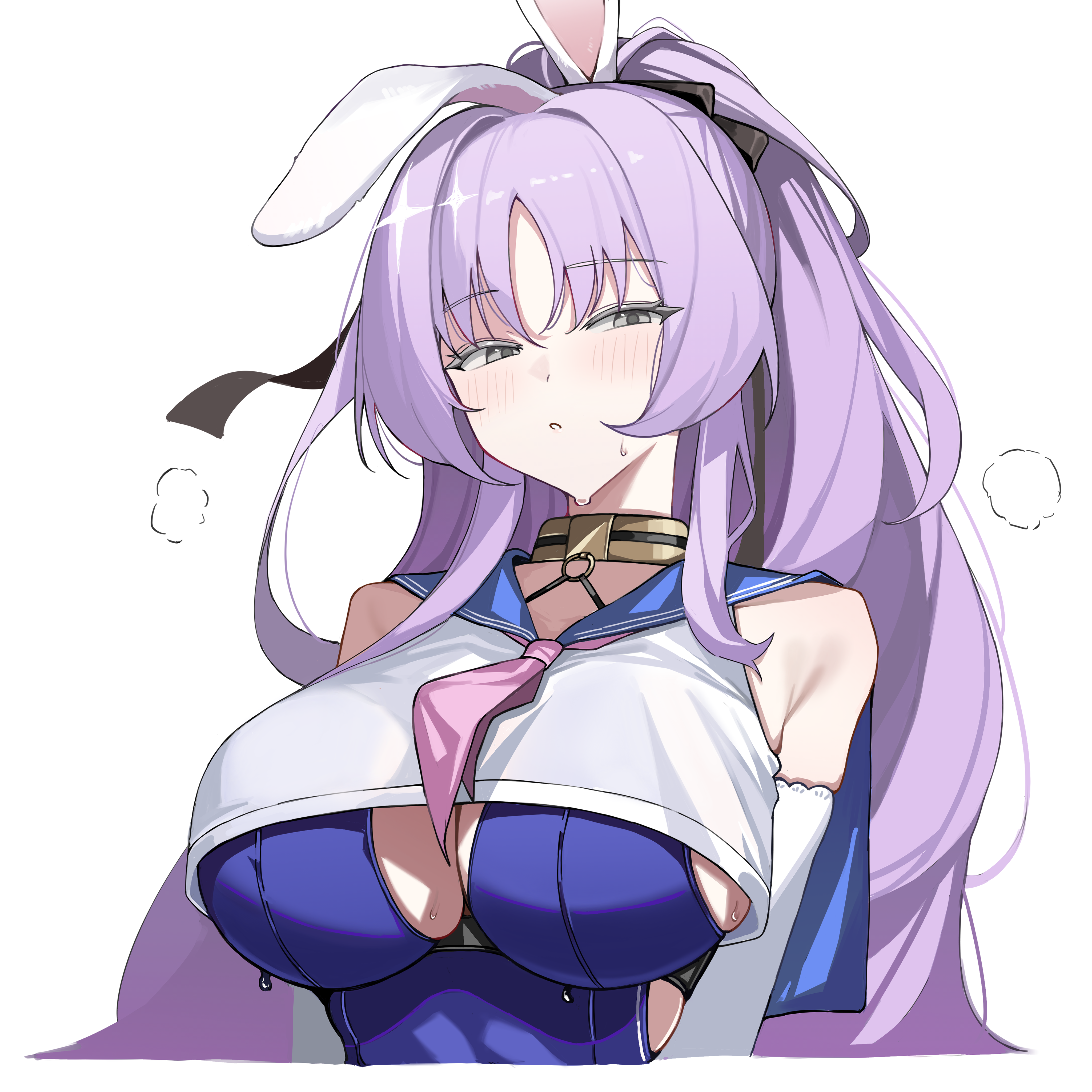 oxooxo666, shia (stella sora), stella sora, absurdres, commentary, highres, symbol-only commentary, 1girl, animal ears, blue one-piece swimsuit, breasts, gloves, grey eyes, large breasts, long hair, neckerchief, o-ring, one-piece swimsuit, pink neckerchief, playboy bunny swimsuit, ponytail, purple hair, rabbit ears, simple background, solo, sweat, swimsuit, upper body, white background, white gloves