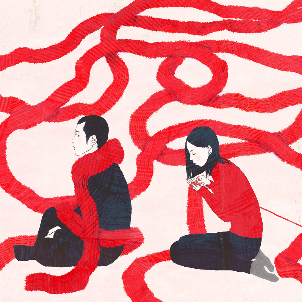 kumaori jun, original, bad id, bad pixiv id, 1boy, 1girl, black hair, partially colored, scarf, yarn