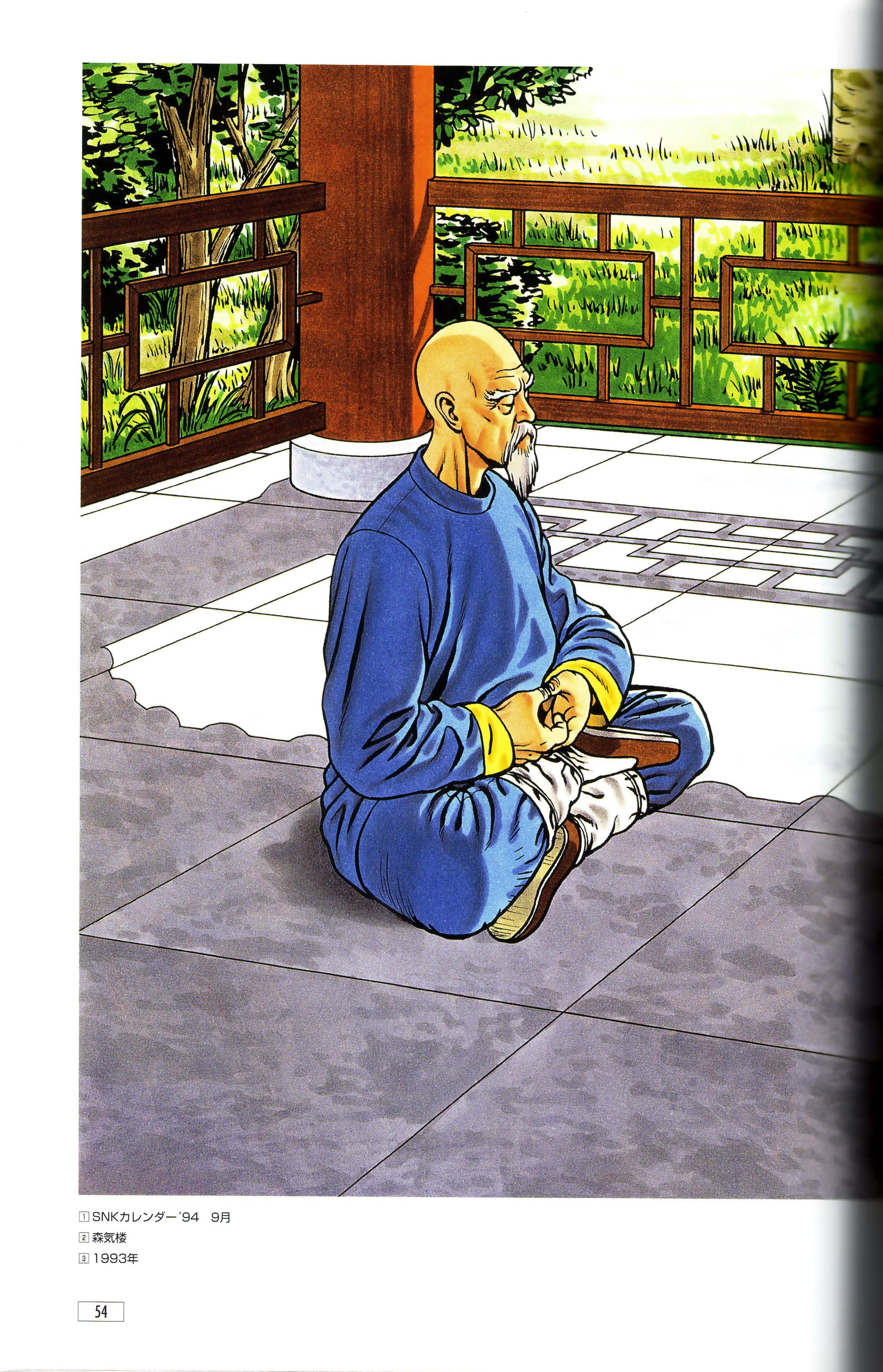 mori toshiaki, tung fue rue, fatal fury, snk, the king of fighters, absurdres, artbook, highres, official art, scan, 1boy, chinese clothes, crossed legs, garden, half lotus position, indian style, male focus, meditation, old, old man, sitting, solo, yoga