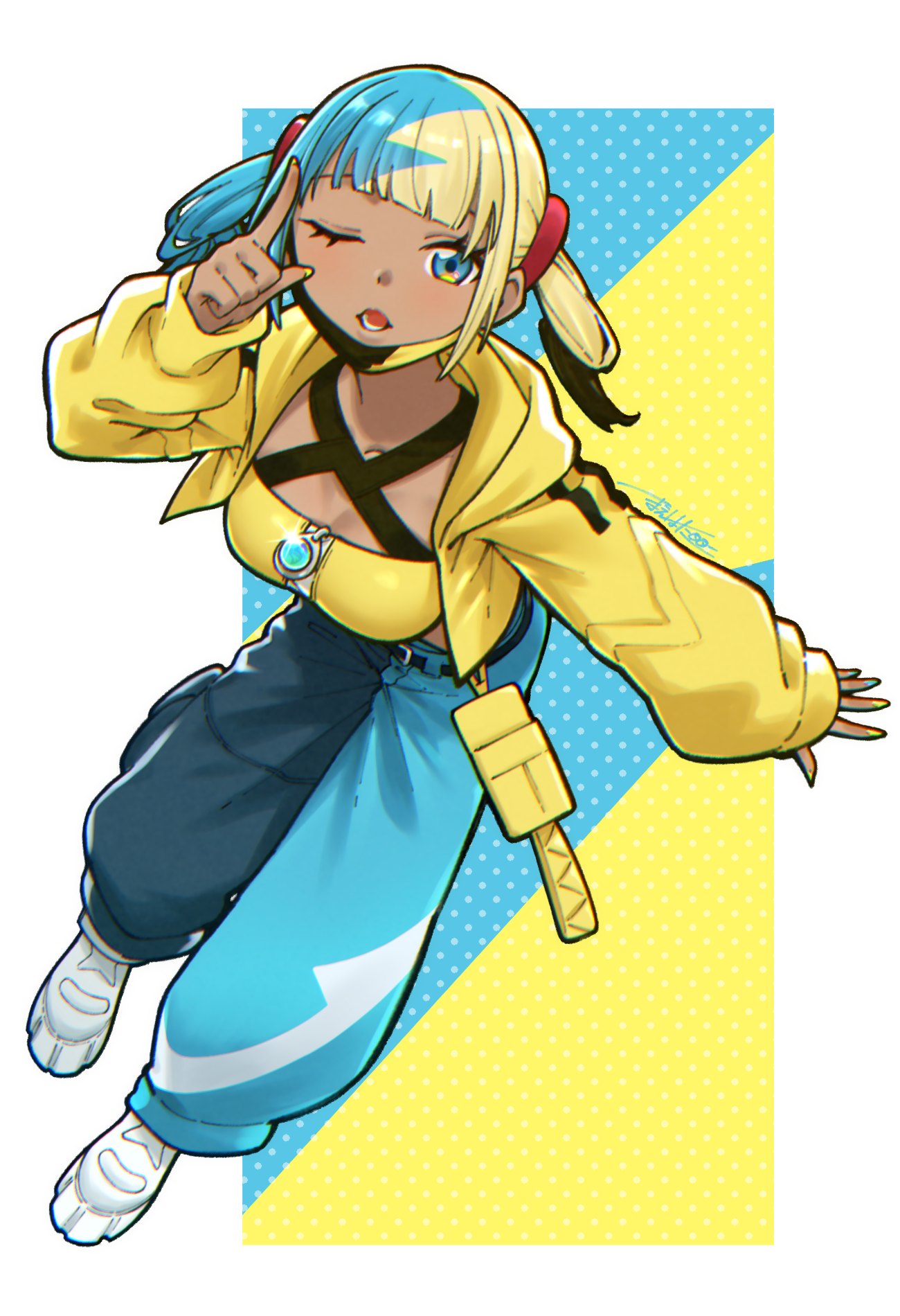 omeme sinderuyo, canari (pokemon), nintendo, pokemon, pokemon legends: z-a, commentary request, highres, 1girl, ;o, bandeau, blue eyes, breasts, eyelashes, full body, hand up, hood, hood down, hooded jacket, index finger raised, jacket, long sleeves, multicolored hair, nail polish, one eye closed, open clothes, open jacket, open mouth, pants, shoes, solo, twintails, white shoes, yellow bandeau, yellow jacket, yellow nails, zipper, zipper pull tab