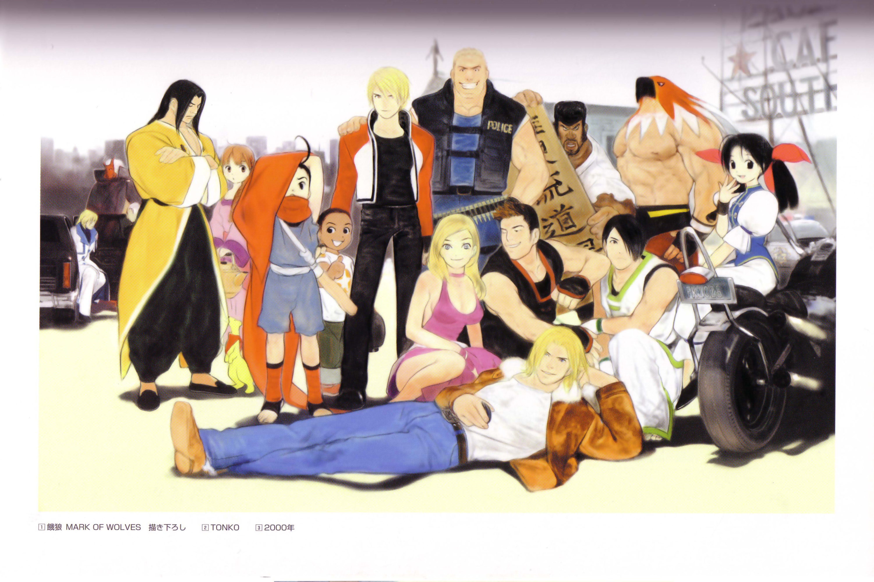 senno aki, tonko, b. jenet, freeman, futaba hotaru, gato, gato (snk), grant, grant (snk), hokutomaru, kain r heinlein, kevin rian, kim dong hwan, kim jae hoon, marco rodrigues, rock howard, terry bogard, tizoc (snk), fatal fury, garou: mark of the wolves, snk, artbook, highres, official art, scan, 3girls, 6+boys, black eyes, black hair, blonde hair, blue eyes, brown jacket, cape, car, copyright name, dark-skinned male, dark skin, everyone, jacket, leather, leather jacket, limousine, mascot, mask, motor vehicle, motorcycle, multiple boys, multiple girls, muscular, muscular male, one eye closed, police, ribbon, scarf, sign, smile, wink, wrestler, wrestling