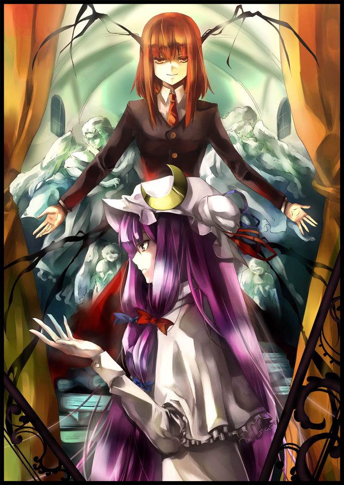 tomasu, tsurukame, koakuma, patchouli knowledge, embodiment of scarlet devil, touhou, 2girls, blazer, female focus, hat, jacket, multiple girls, necktie, purple hair, ribbon