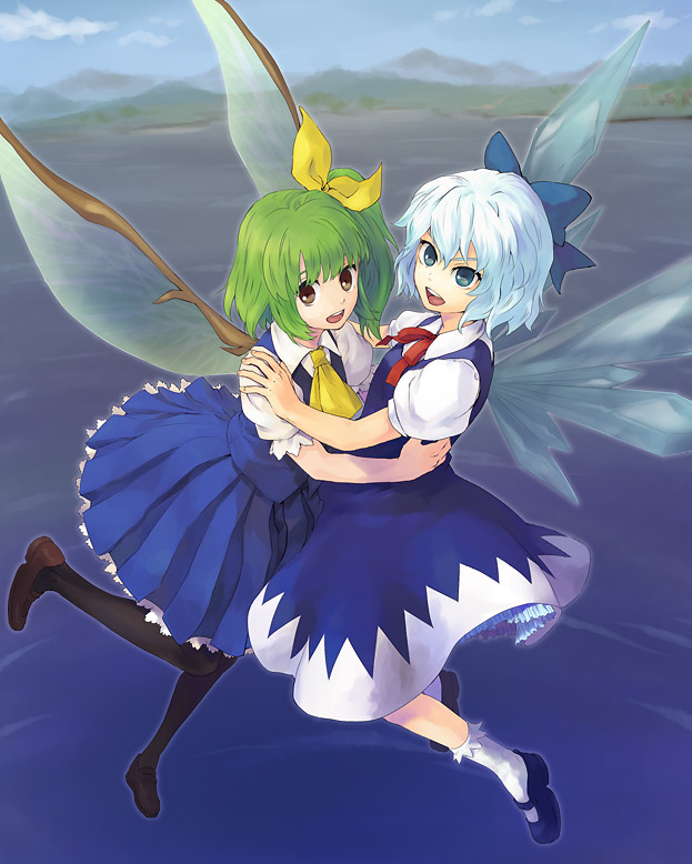 kinuko, kinuko (artist), tomobe kinuko, cirno, daiyousei, embodiment of scarlet devil, touhou, 2girls, blue eyes, blue hair, brown eyes, dress, green hair, hair ribbon, mary janes, multiple girls, ribbon, shoes, short hair, side ponytail, socks, thighhighs, wings