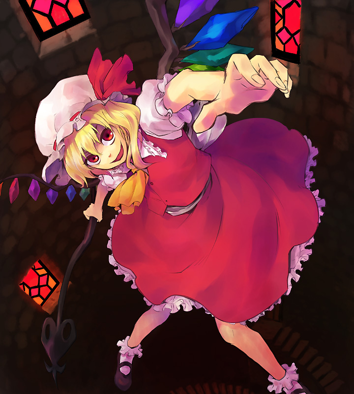 kinuko, kinuko (artist), tomobe kinuko, flandre scarlet, embodiment of scarlet devil, touhou, 1girl, black shoes, blonde hair, blouse, collared shirt, dress, female focus, hat, mary janes, mob cap, red eyes, ribbon, shirt, shoes, short hair, socks, solo, white hat, white shirt, white socks, wings