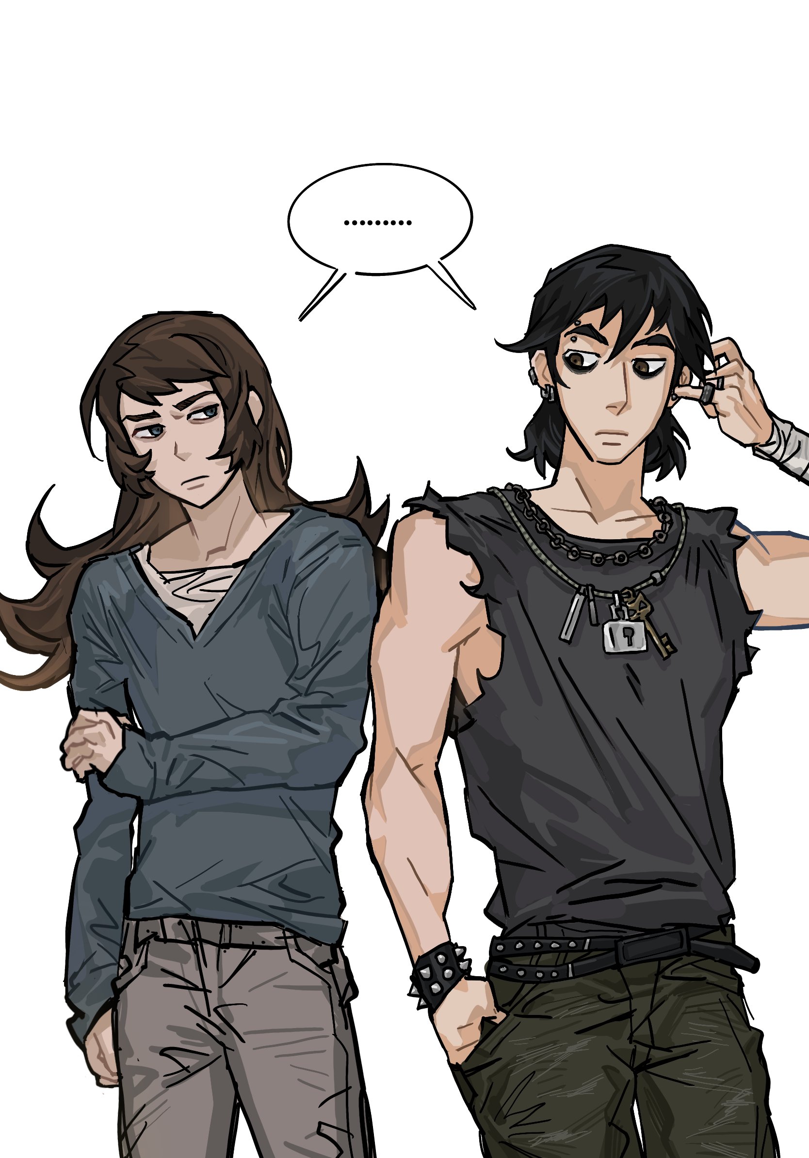 repeeksdnuorg, abaddon (haunted hotel), abaddon (human) (haunted hotel), kevin levin, ben 10, haunted hotel, chinese commentary, highres, …, 2boys, aged up, black hair, black shirt, blue eyes, blue shirt, bracelet, brown eyes, brown hair, chain, chain necklace, cowboy shot, eyebrow piercing, face piercing, hand in pocket, holding own hand, jewelry, lock, long hair, looking at another, male focus, multiple boys, multiple rings, necklace, padlock, piercing, ring, shirt, simple background, sleeveless, sleeveless shirt, spiked bracelet, spikes, spoken ellipsis, standing, torn clothes, torn shirt, white background