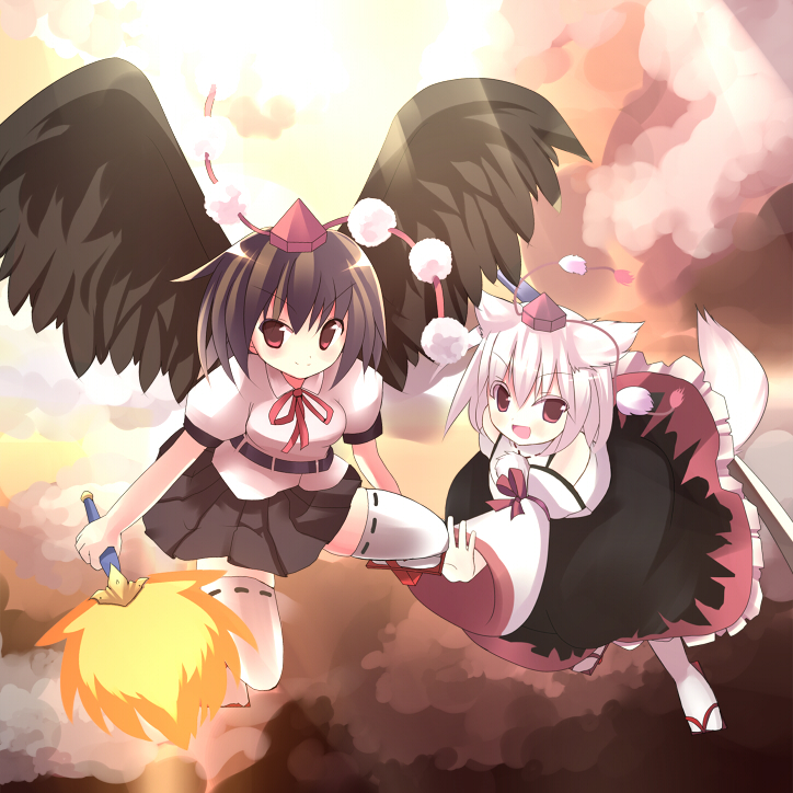 tsunono, inubashiri momiji, shameimaru aya, touhou, 2girls, animal ears, black wings, female focus, geta, hand fan, hat, multiple girls, red eyes, sword, tabi, tail, tengu-geta, thighhighs, weapon, wings