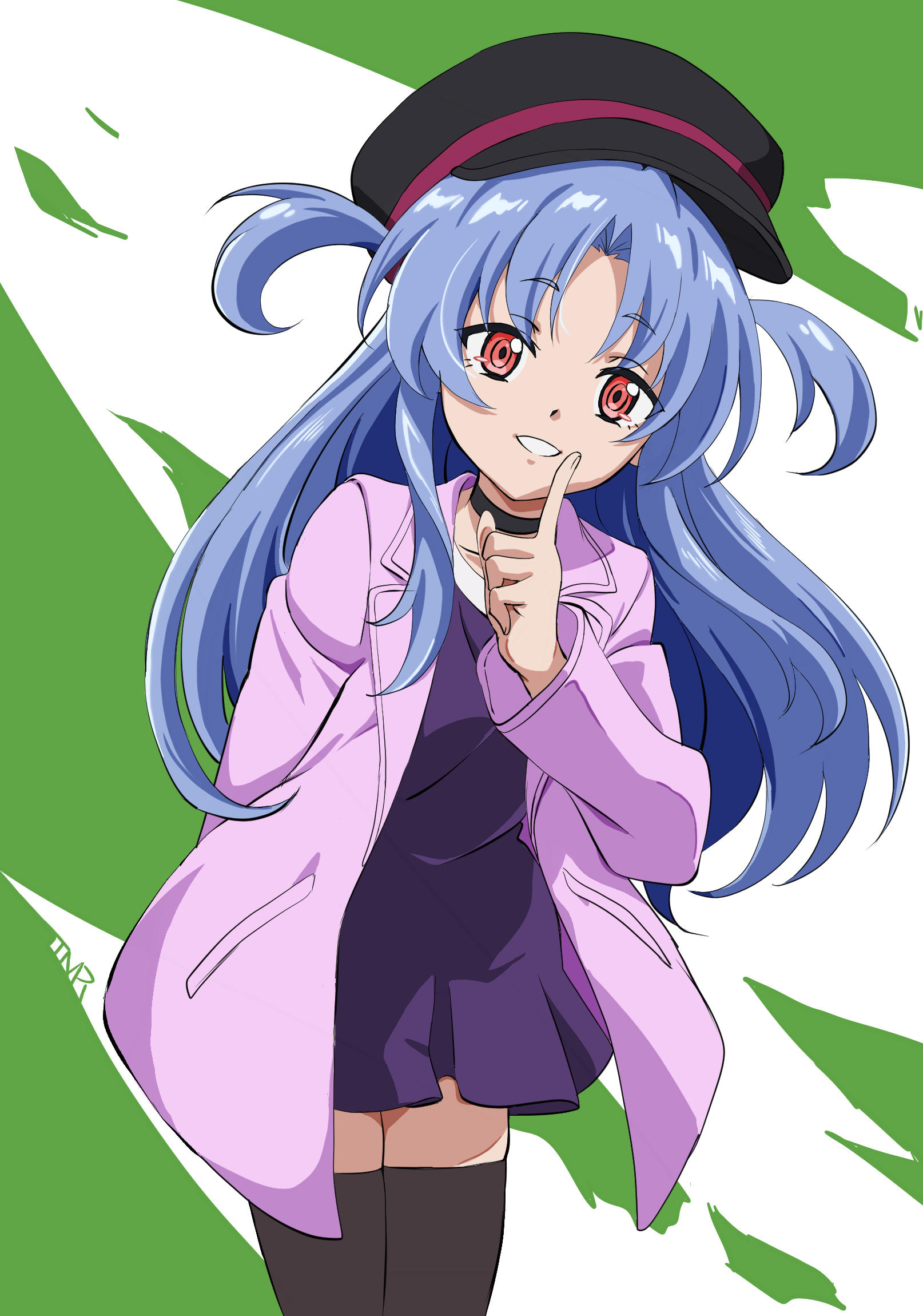 kurobane alice, shadowverse (animated series), shadowverse (anime), shadowverse flame, highres, 1girl, black choker, black hat, blue hair, brown thighhighs, choker, coat, dress, finger to mouth, hat, long hair, looking at viewer, open clothes, open coat, pink coat, purple dress, red eyes, solo, thighhighs, tmr msho, two side up, white mouth