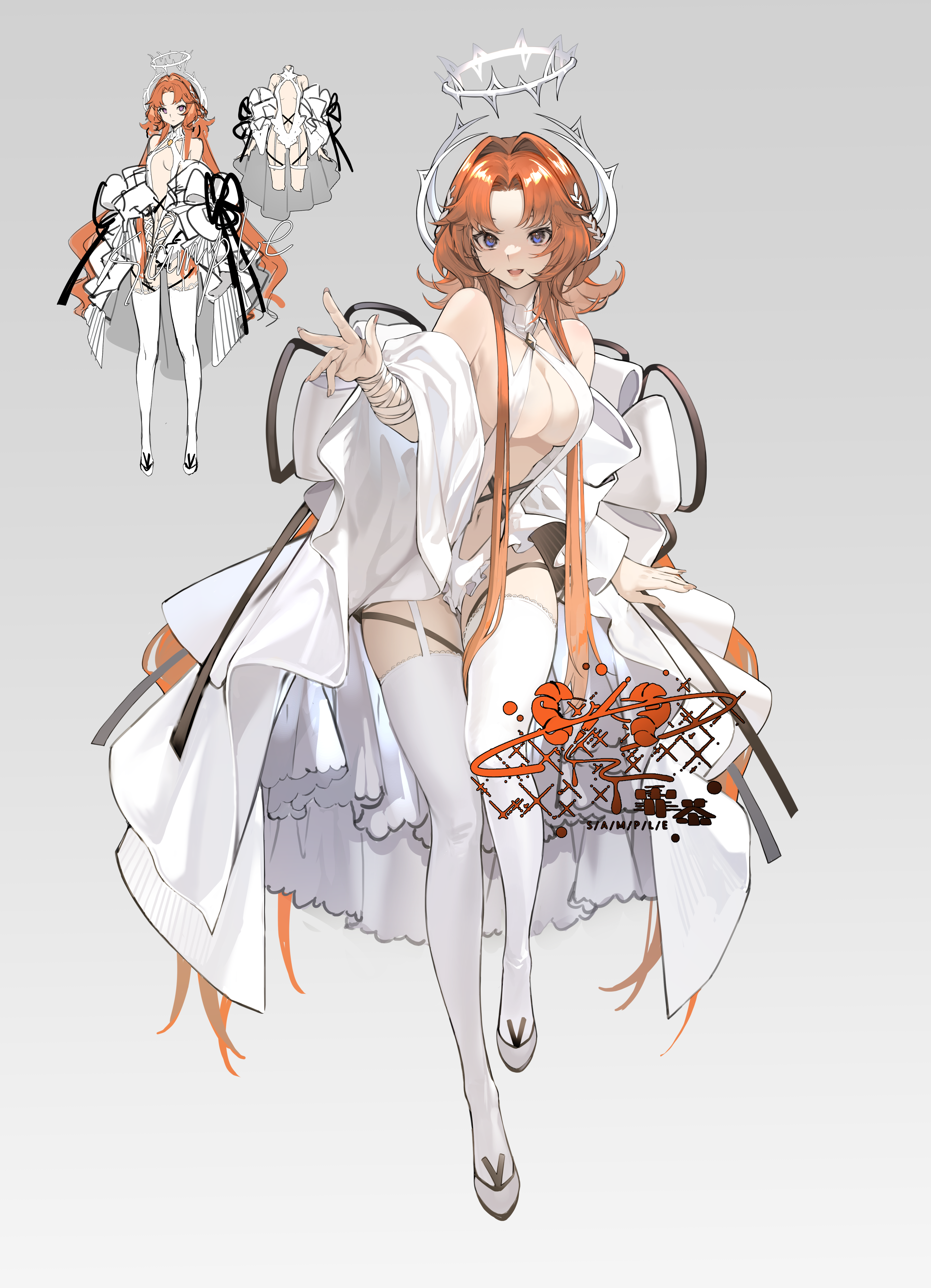 freeze (867139), original, absurdres, chinese commentary, commission, highres, 1girl, :d, artist logo, artist name, bare shoulders, black ribbon, blue eyes, bow, breasts, center opening, cleavage, criss-cross halter, curtained hair, detached sleeves, flipped hair, frilled leotard, frills, full body, garter straps, grey background, hair intakes, hair ornament, halo, halo behind head, halterneck, hand up, large breasts, laurel crown, leaning forward, leotard, logo, long hair, long sleeves, looking at viewer, multiple views, nail polish, navel, open mouth, orange hair, orange nails, outstretched arm, outstretched hand, parted bangs, plunging neckline, reference sheet, ribbon, sample watermark, shoes, showgirl skirt, sidelocks, simple background, skirt, smile, solo, spiked halo, standing, thighhighs, v-neck, very long hair, watermark, white bow, white garter straps, white halo, white leotard, white ribbon, white shoes, white skirt, white sleeves, white thighhighs, wide sleeves, wolf cut, wrist ribbon