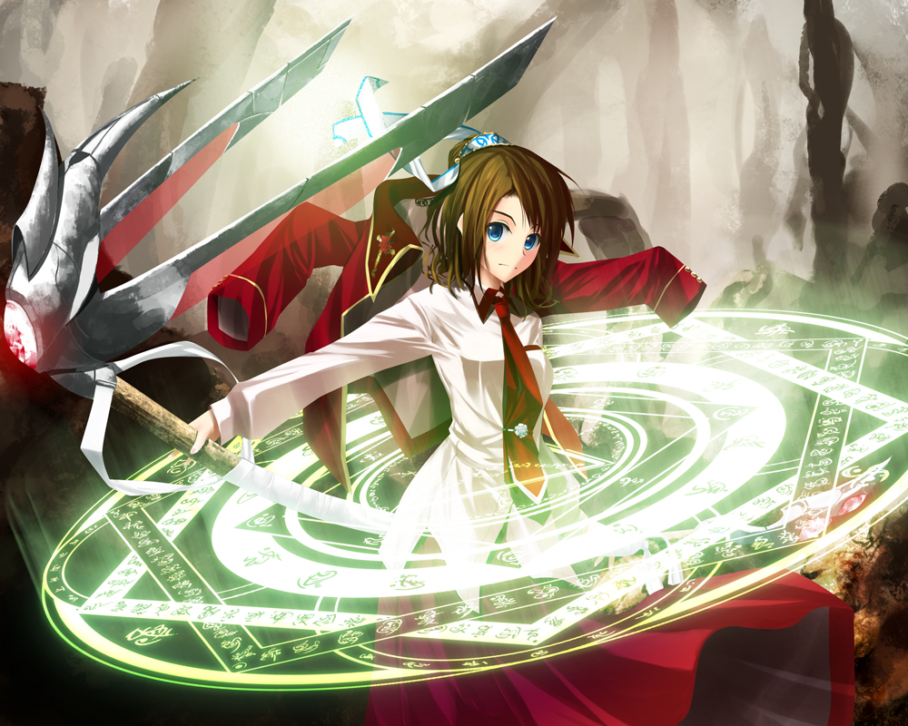 kouji (astral reverie), original, blue eyes, brown hair, dress shirt, flower, jacket, magic circle, necktie, shirt, solo, staff, weapon