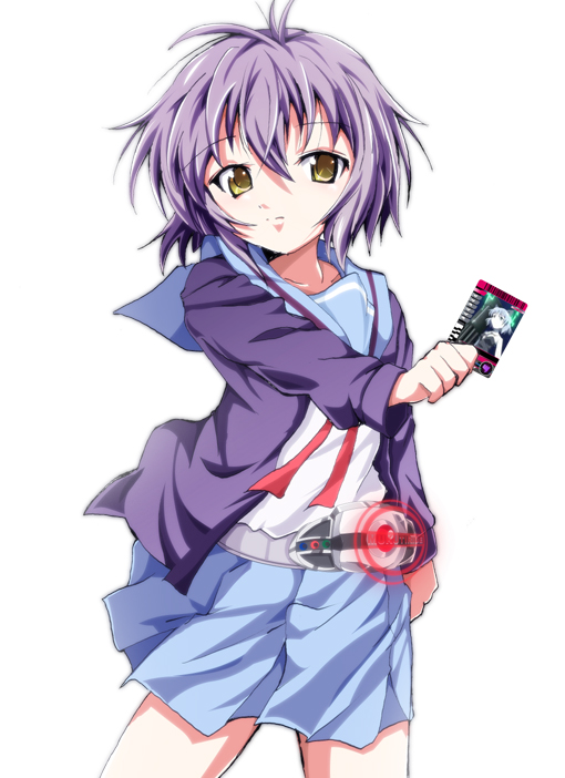 high trap, kamen rider decade, nagato yuki, sanya v. litvyak, kamen rider, strike witches, suzumiya haruhi no yuuutsu, world witches series, bad id, bad pixiv id, 1girl, belt, card, cardigan, female focus, holding, holding card, parody, purple hair, school uniform, serafuku, short hair, solo, yellow eyes