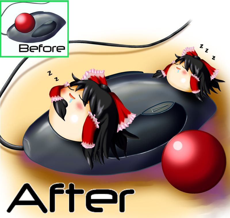oyahada, hakurei reimu, touhou, bad id, bad pixiv id, computer mouse, female focus, no humans, parody, saliva, sleeping, trackball, yukkuri shiteitte ne