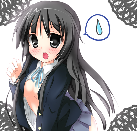 karaage3, akiyama mio, k-on!, 00s, 1girl, black eyes, black hair, blush, female focus, long hair, no bra, open clothes, open mouth, open shirt, school uniform, shirt, solo, sweatdrop, white background