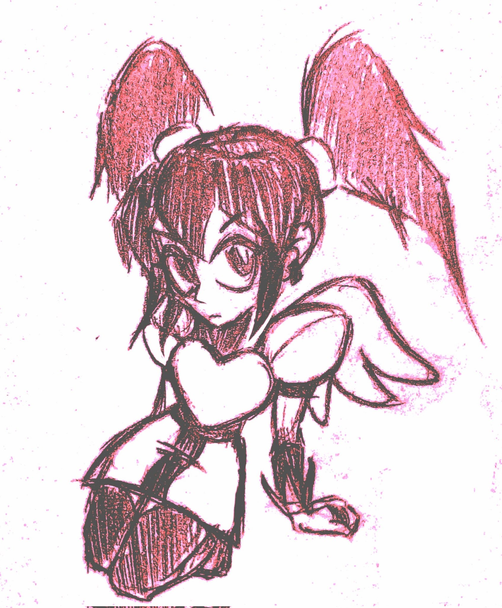 mellon nova, honey (fighting vipers), fighting vipers, sega, highres, 1girl, armor, armored dress, arms at sides, black hair, detached sleeves, dress, ear piercing, fake wings, frown, kneeling, looking up, monochrome, piercing, shoulder pads, sketch, skirt, twintails, wings