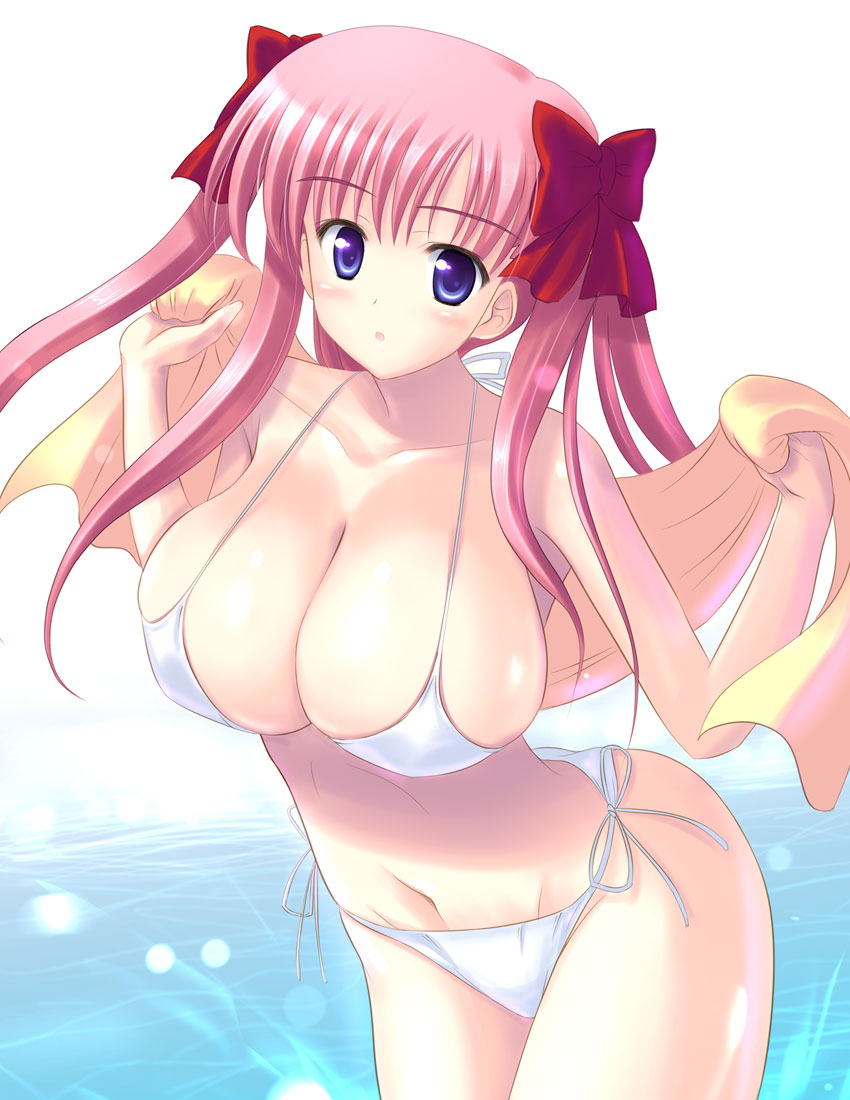 kishi nisen, haramura nodoka, saki (manga), 00s, 1girl, bikini, blue eyes, bow, breasts, cleavage, female focus, hair bow, huge breasts, large breasts, panties, pink hair, ribbon, side-tie bikini bottom, side-tie panties, solo, swimsuit, towel, twintails, underwear, water, white bikini