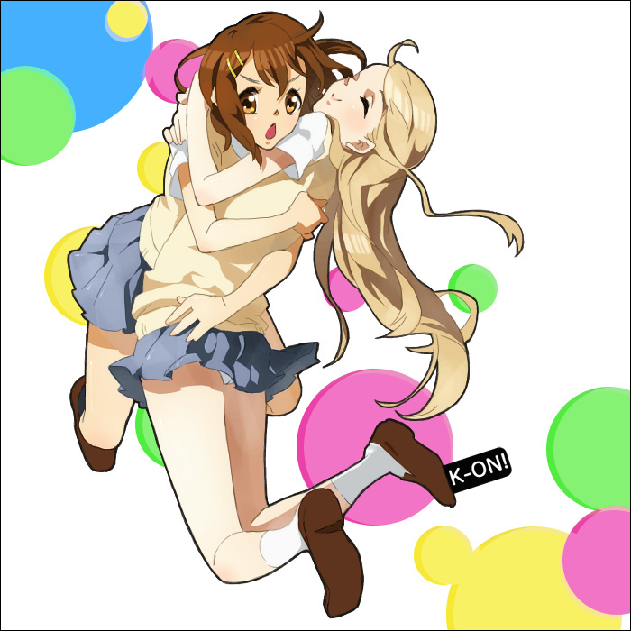 kurage (huwahuwaru n), hirasawa yui, kotobuki tsumugi, k-on!, bad id, bad pixiv id, 00s, 2girls, :<, blonde hair, brown eyes, brown hair, closed eyes, hug, long hair, multiple girls, panties, pantyshot, school uniform, short hair, underwear