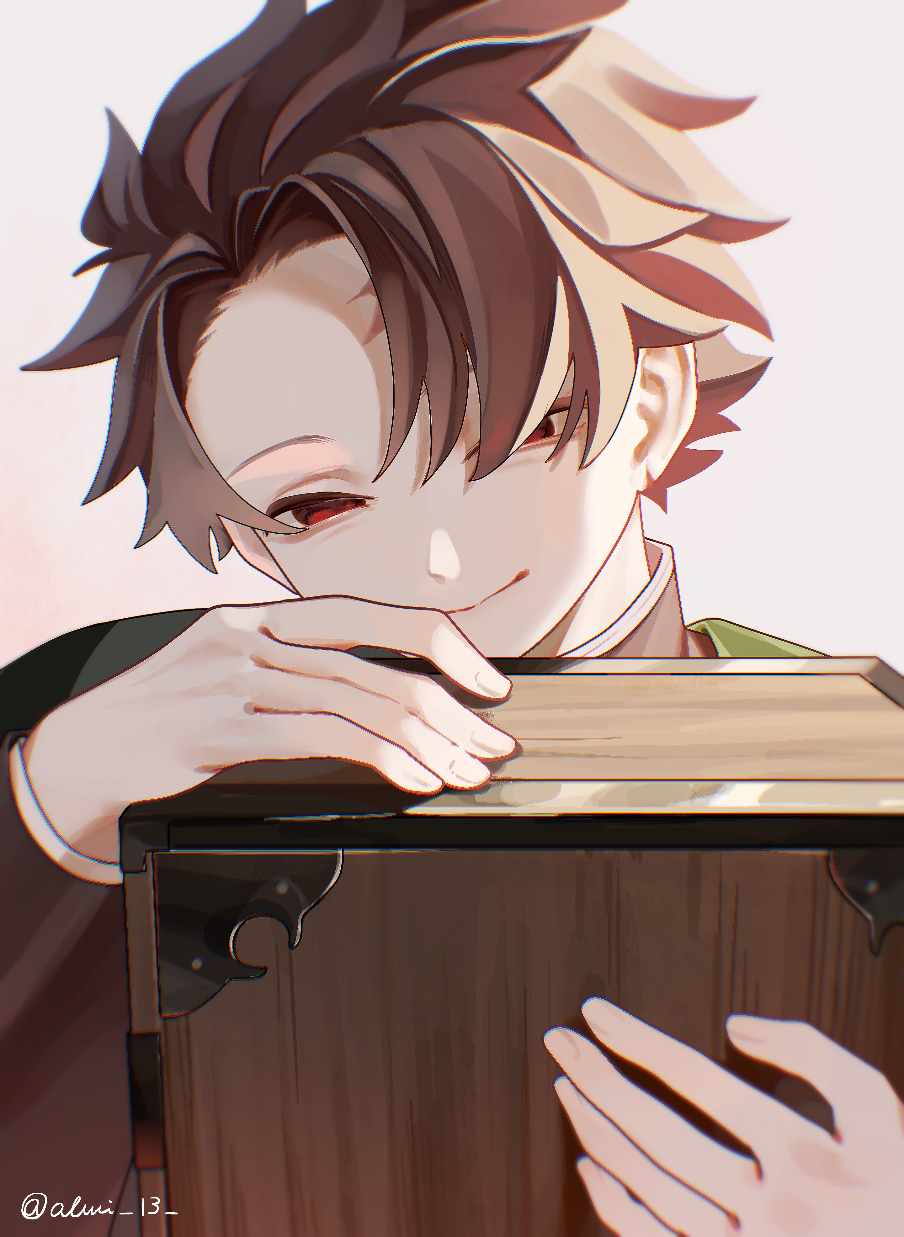 kamado tanjirou, kimetsu no yaiba, absurdres, highres, 1boy, almi 13, black jacket, book, brown hair, closed eyes, demon slayer uniform, fingernails, hair over one eye, half-closed eyes, hands up, high collar, holding, holding book, jacket, male focus, red eyes, short hair, smile, solo, spiked hair, white background