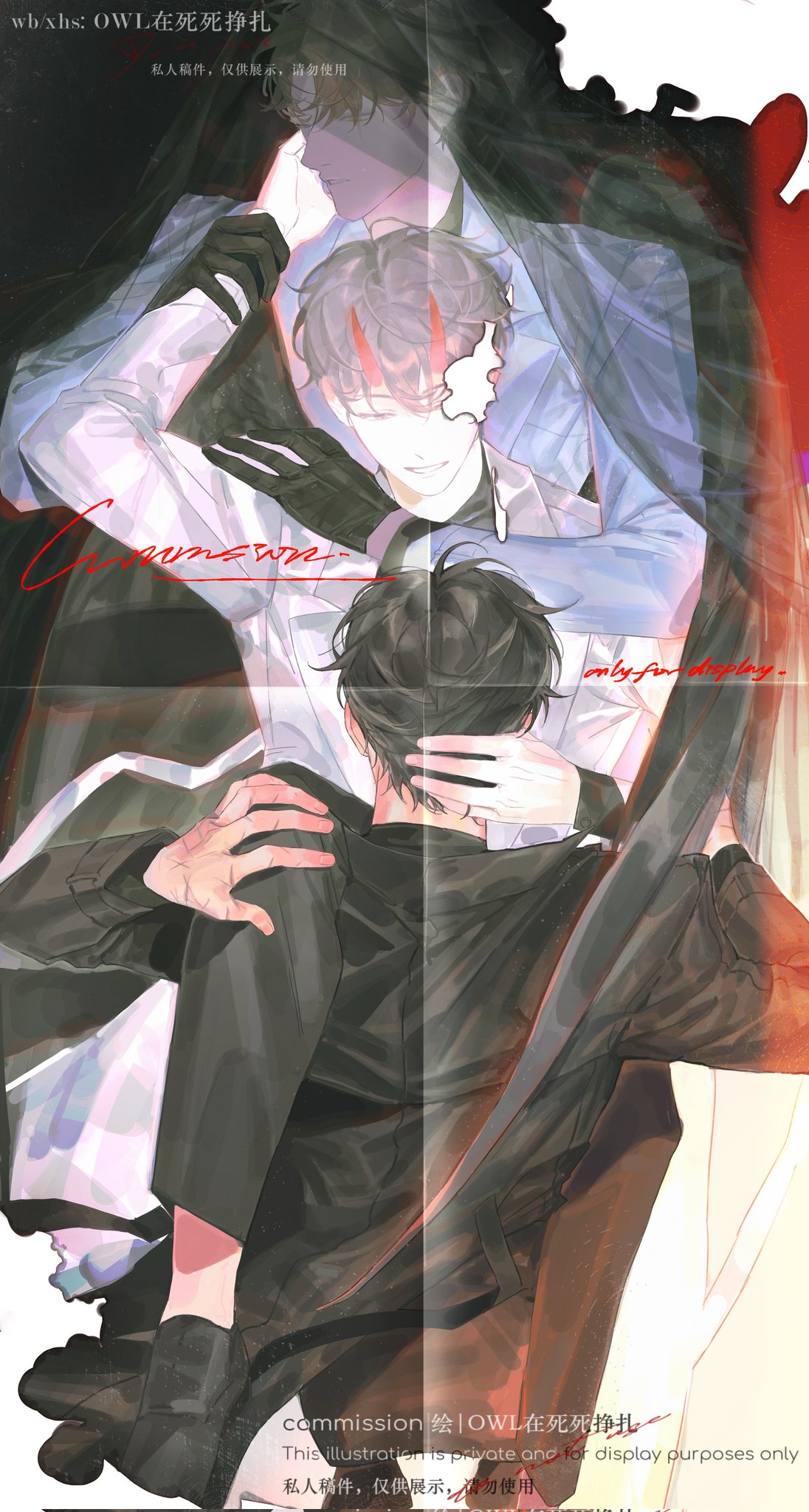 kim dokja, secretive plotter, yoo joonghyuk, omniscient reader's viewpoint, highres, 2boys, 3boys, :d, black eyes, black gloves, black hair, boy sandwich, burned paper, carrying, carrying person, cloak, coat, demon horns, dual persona, full body, gloves, hand on another's face, hands on another's shoulders, hood, hood up, hooded cloak, horns, leg lock, looking at another, male focus, multiple boys, multiple scars, open clothes, open coat, open mouth, owlaoao, paper texture, piggyback, popped collar, sandwiched, scar, scar on hand, see-through clothes, short hair, smile, white coat